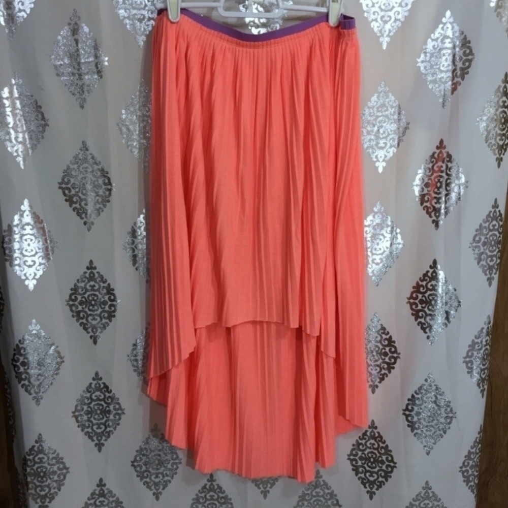 AEO Neon Coral Accordion Pleated Hi-Low Skirt
